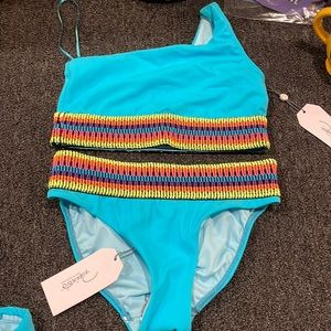 Brand new piexoto blue one shoulder bikini with neon stitching size small